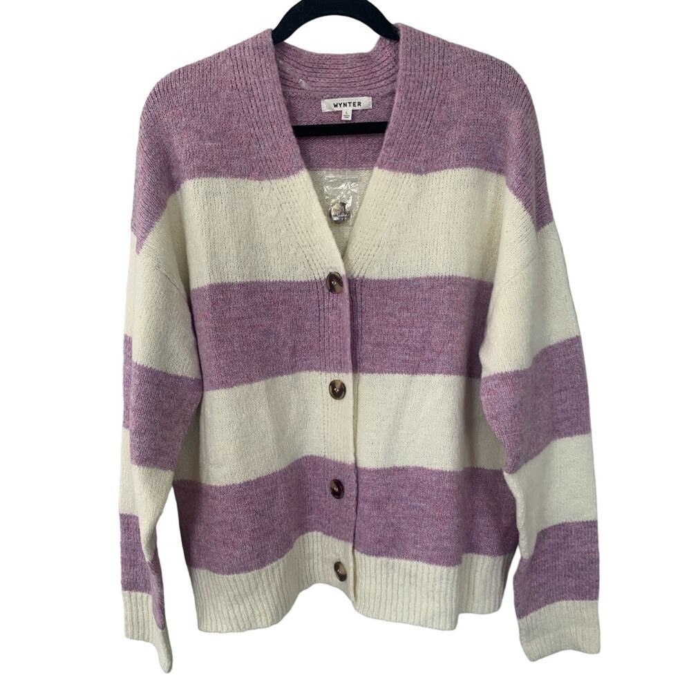 Wynter Oversized Striped Button Front Cardigan – Purple & White, Size L